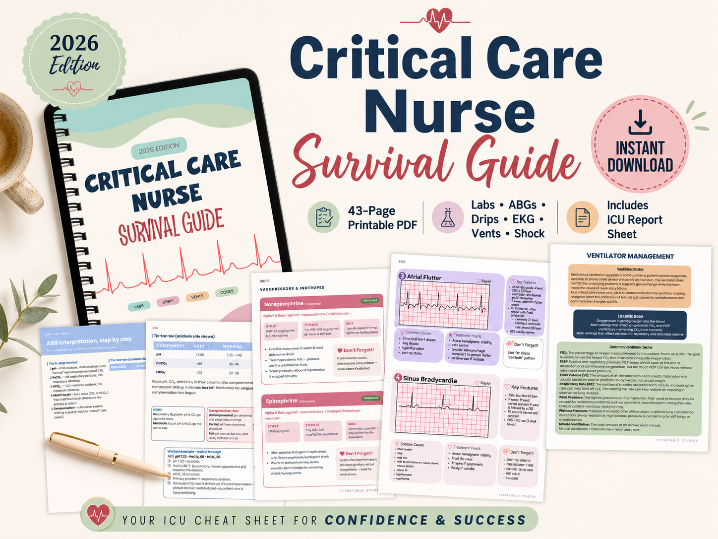 Critical Care Nurse Survival Guide, ICU Quick-Reference PDF for Labs, ABGs, Drips, EKGs, Vents & Shock