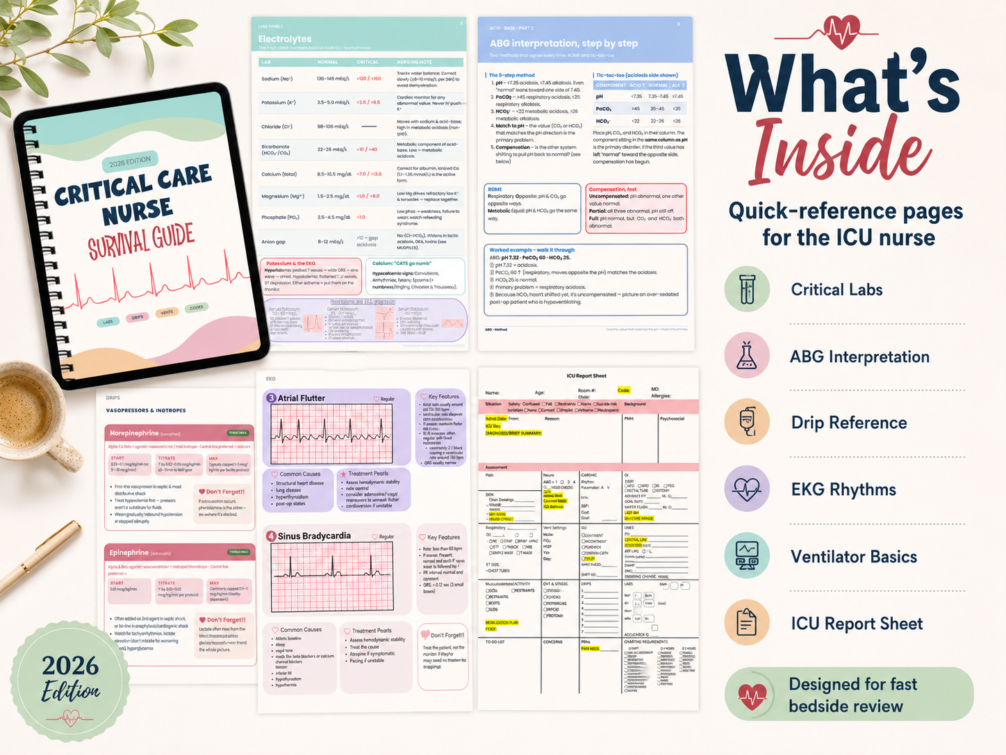 Critical Care Nurse Survival Guide, ICU Quick-Reference PDF for Labs, ABGs, Drips, EKGs, Vents & Shock