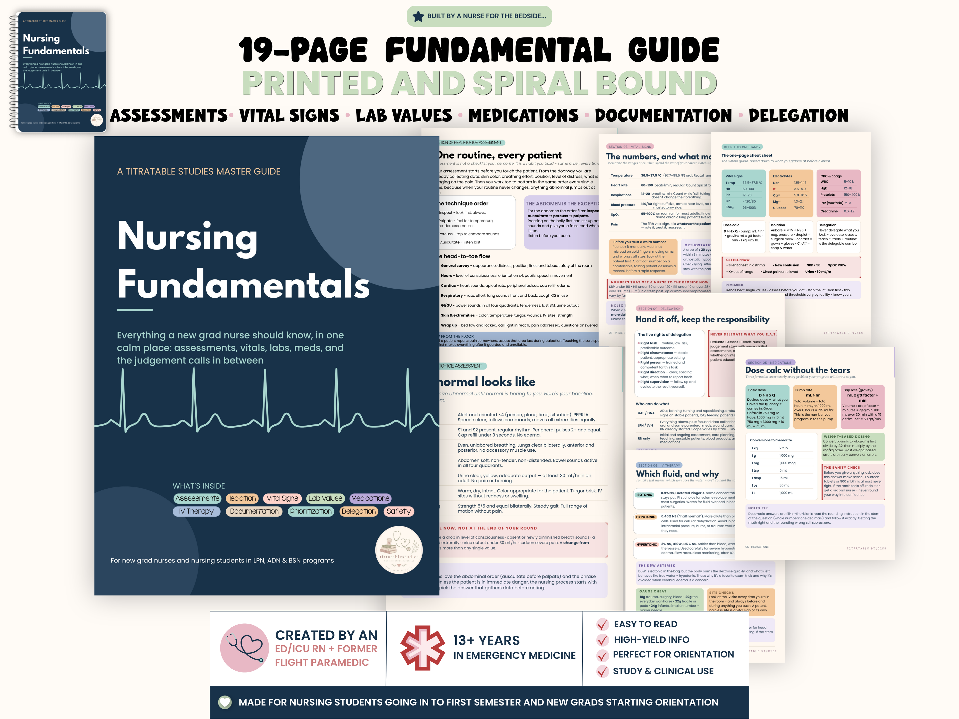 PRINTED and SPIRAL BOUND New Grad/Nursing Student Nurse Essentials: All-In-One Guide for Assessments, Vitals, Labs, and Meds