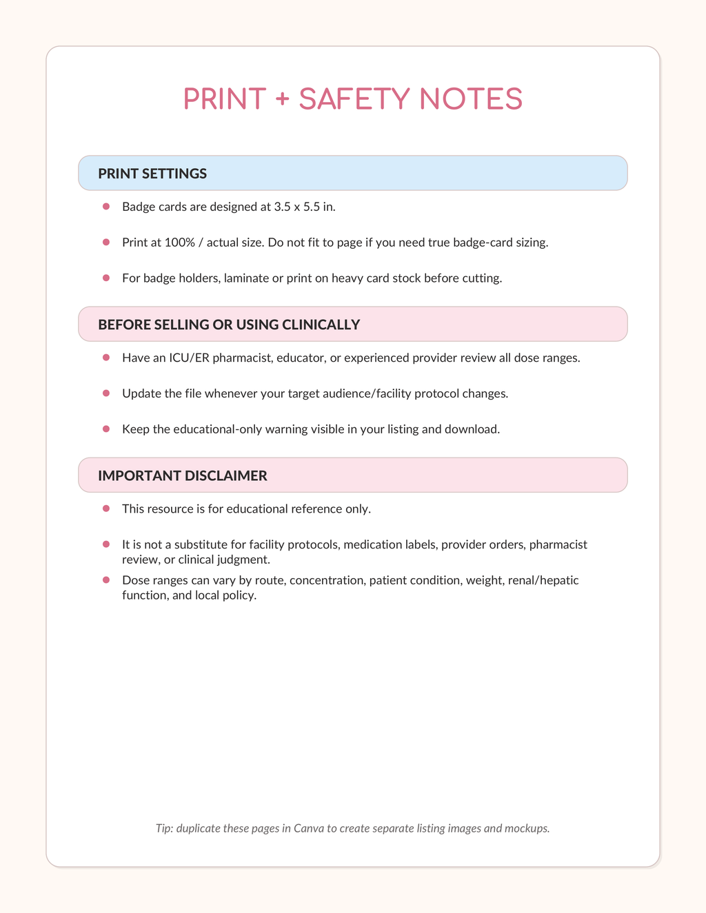 Print and safety notes for ICU drip badge cards