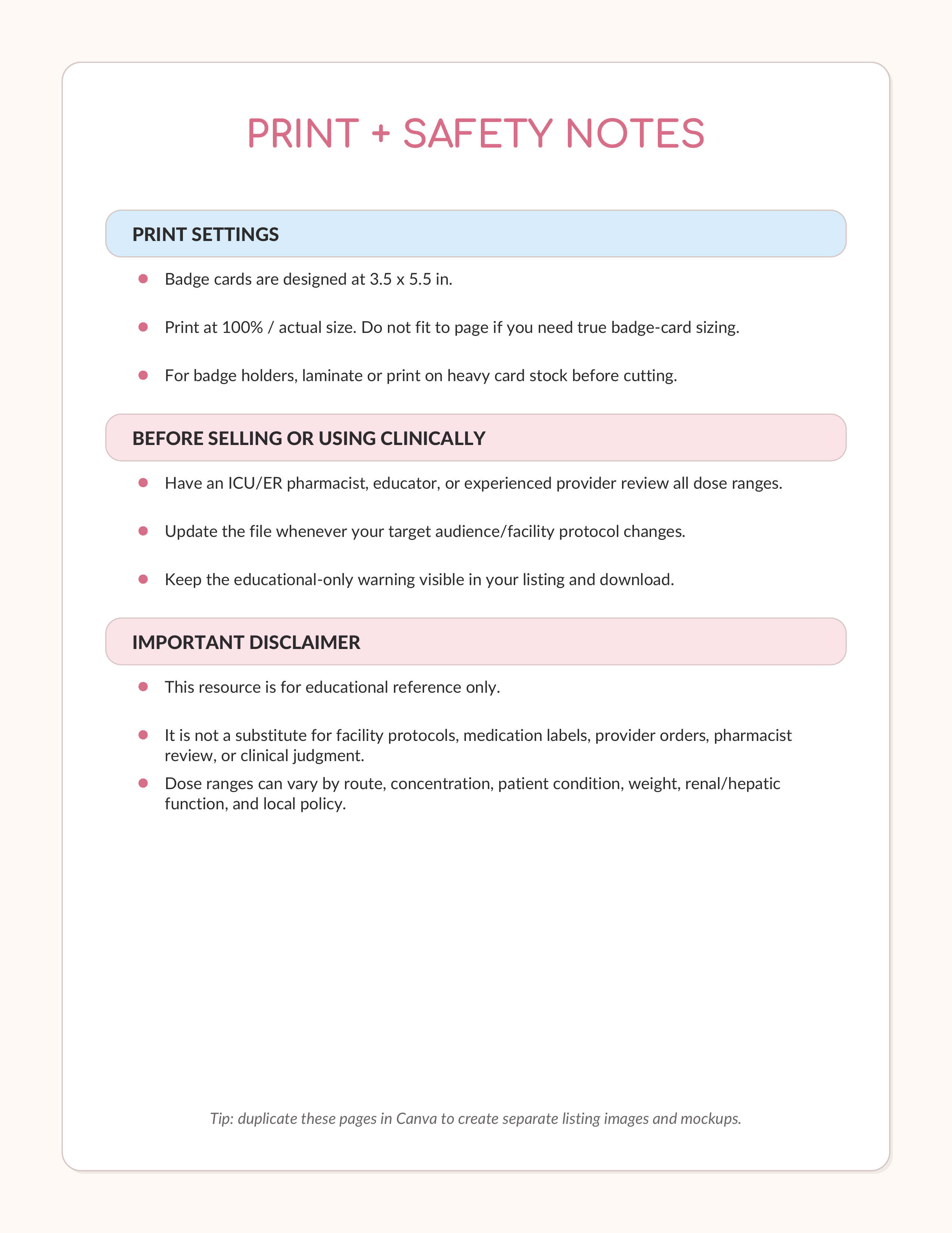 Print and safety notes for ICU drip badge cards