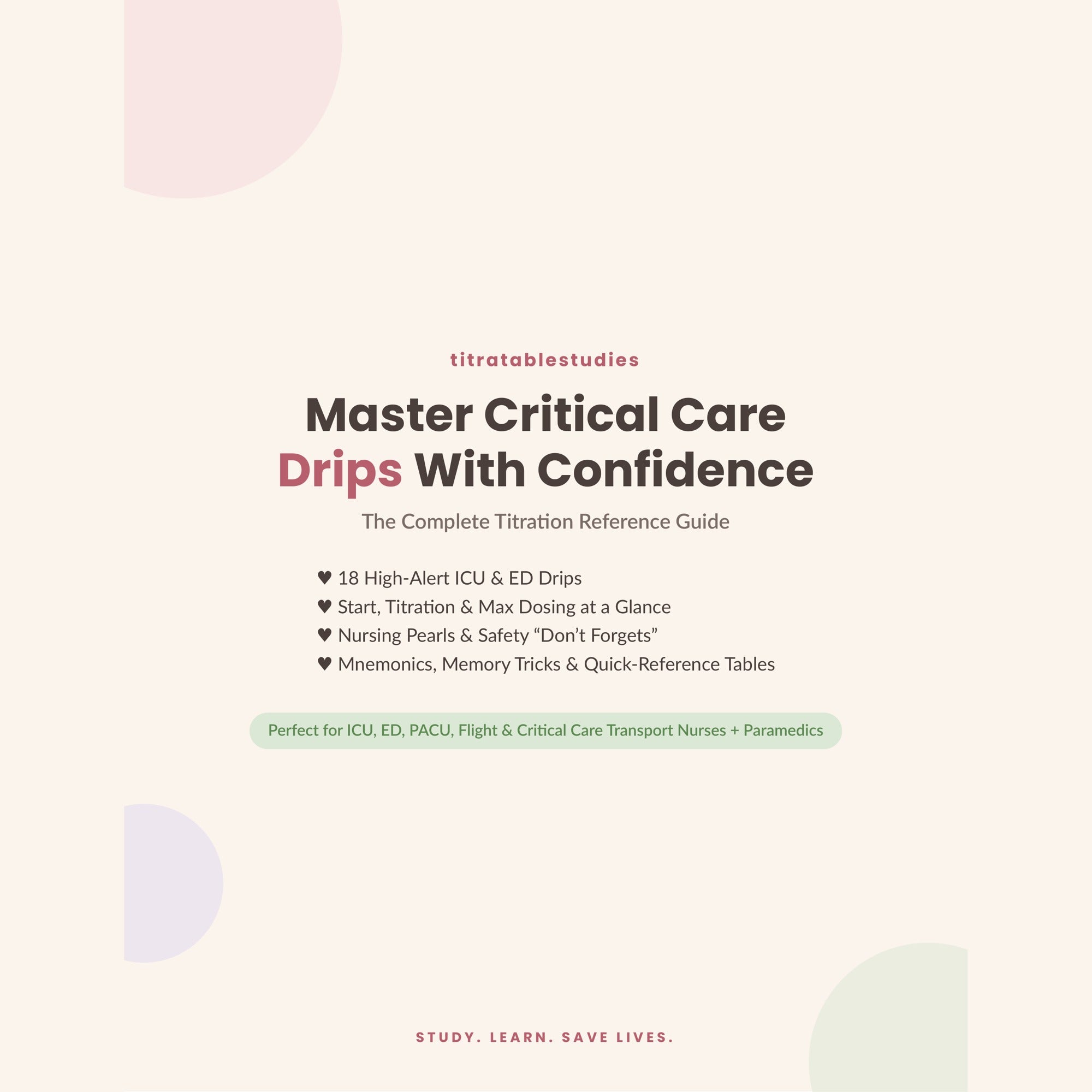 Critical Care Drip Titration Guide ICU drips cheat sheet cover