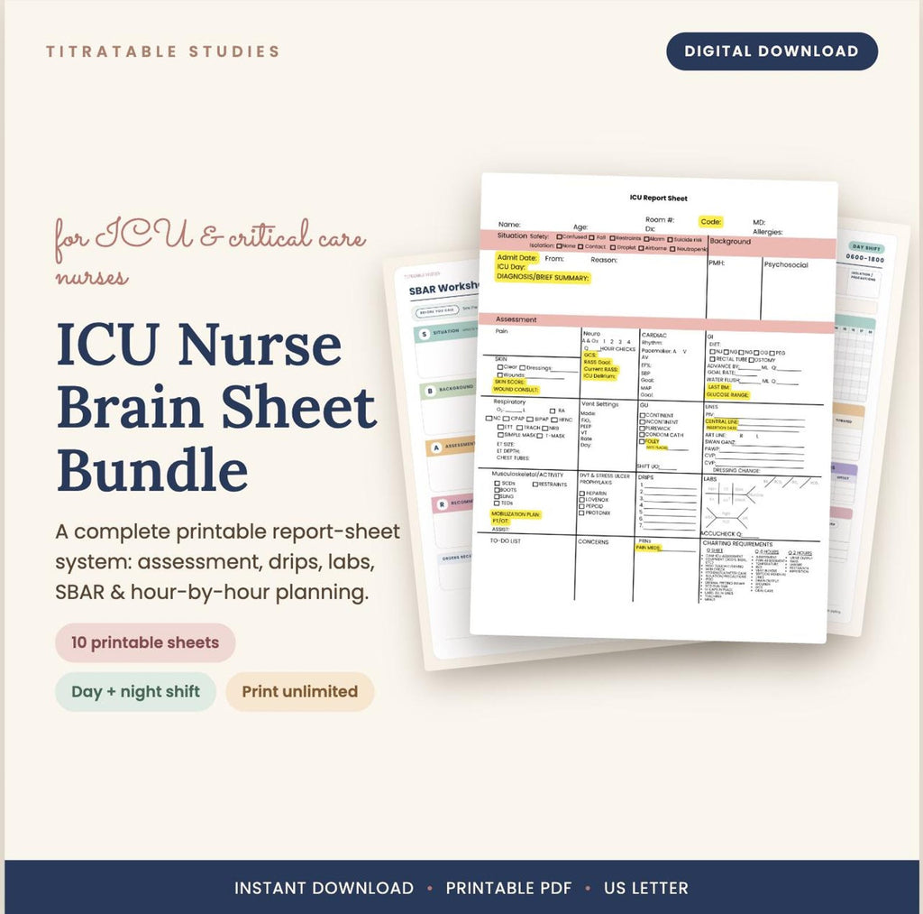 Organized ICU nurse brain bundle, printable report sheets and trackers