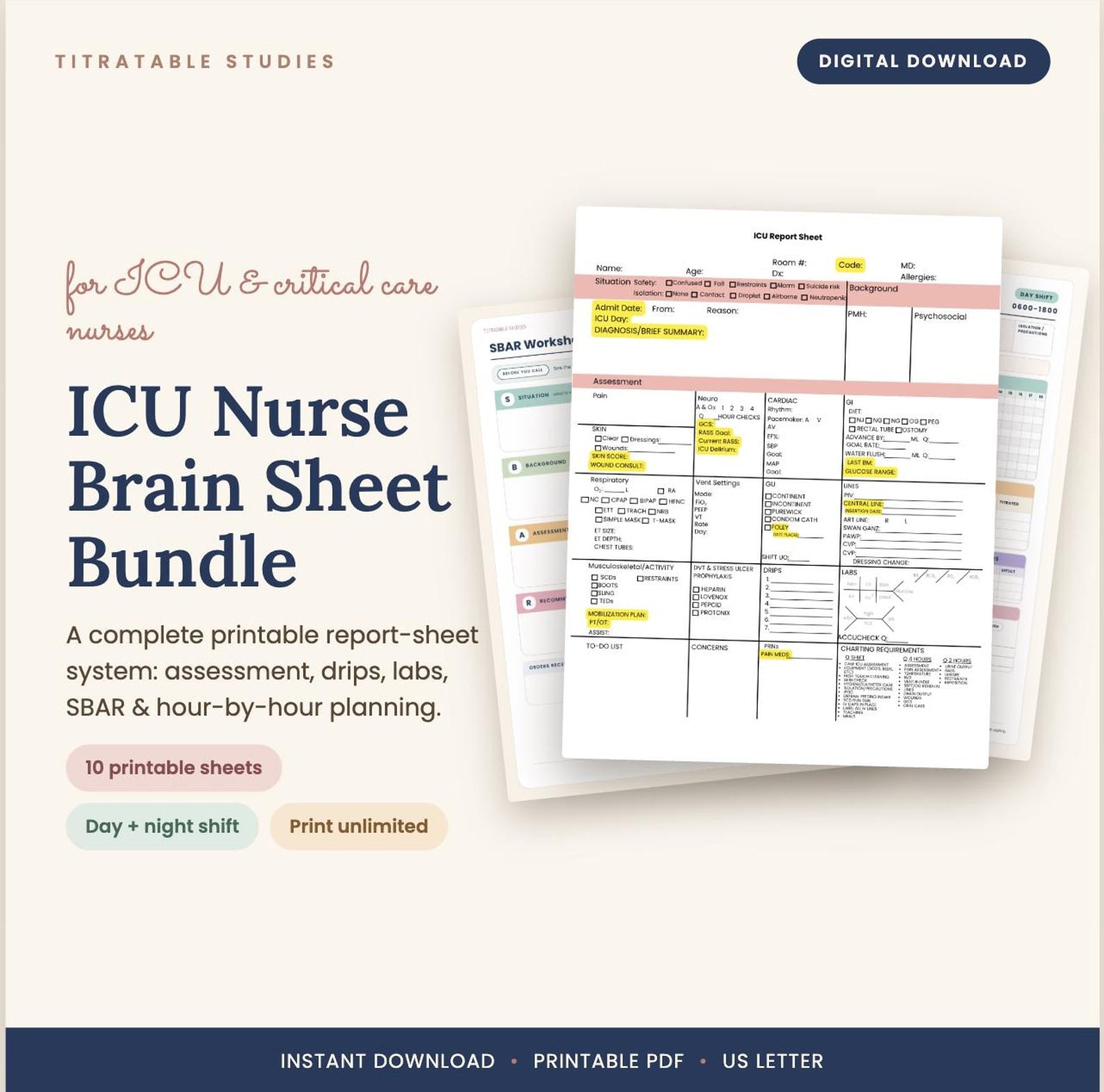 Organized ICU nurse brain bundle, printable report sheets and trackers