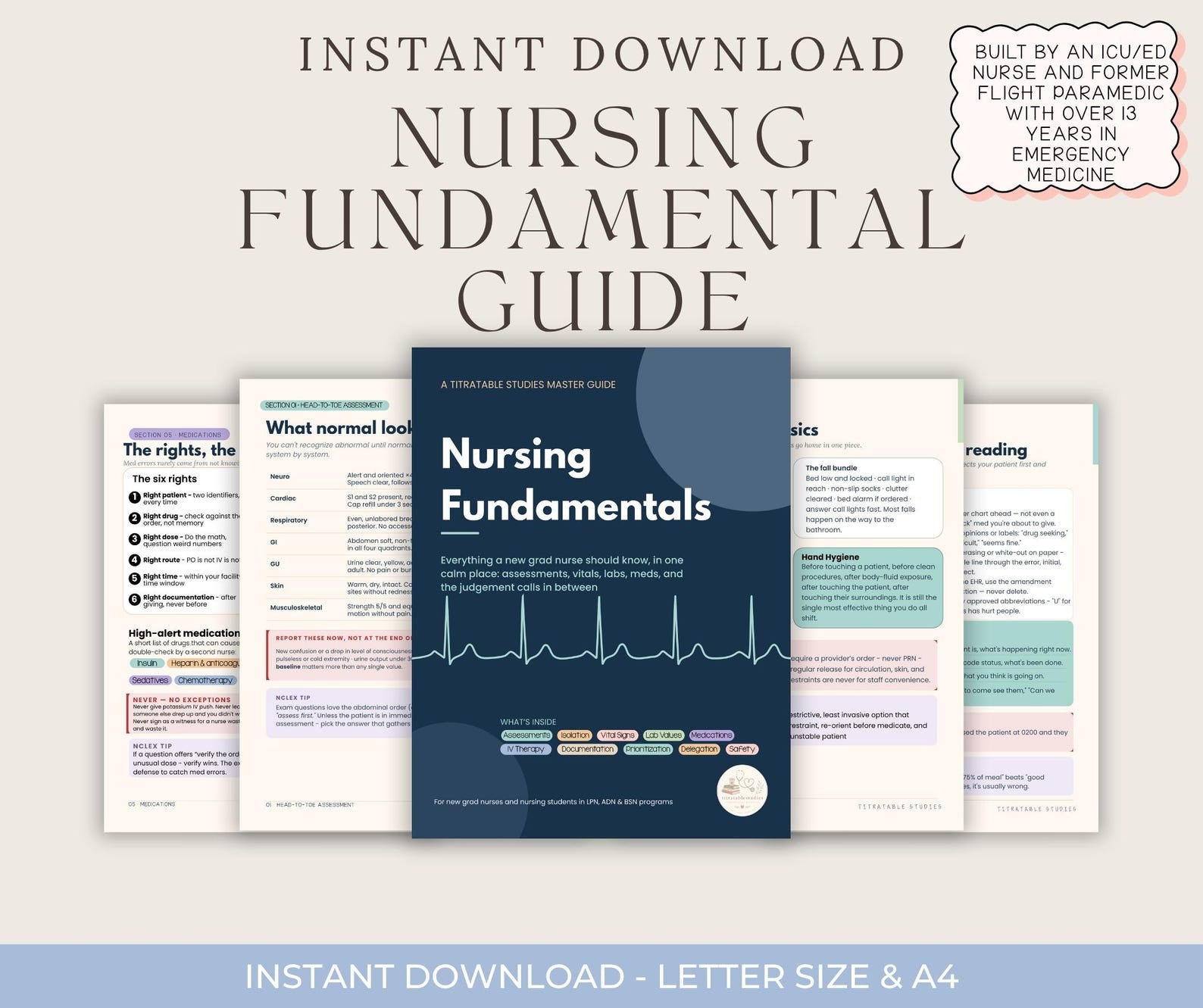 New grad nurse essentials guide cover, all in one nursing student reference for assessments, vitals, labs and meds