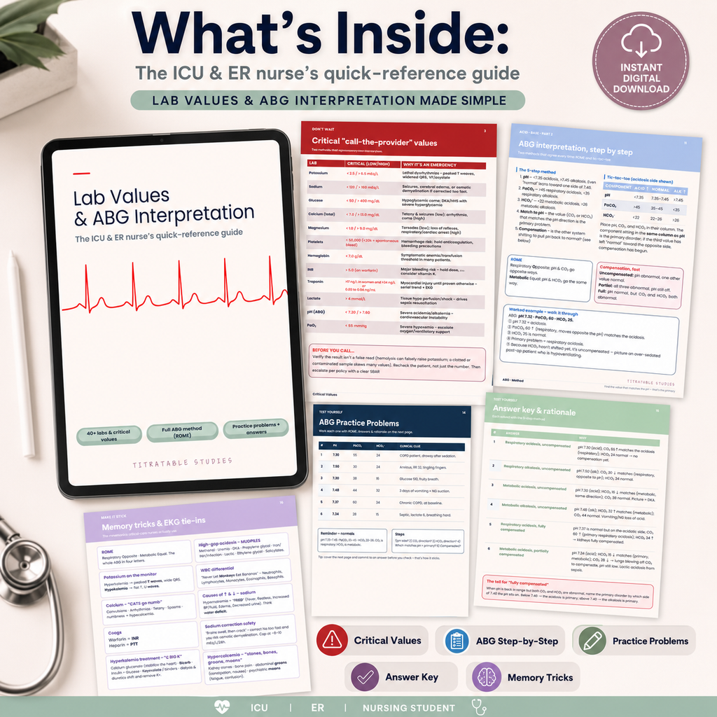 Lab values guide mockup showing critical values pages