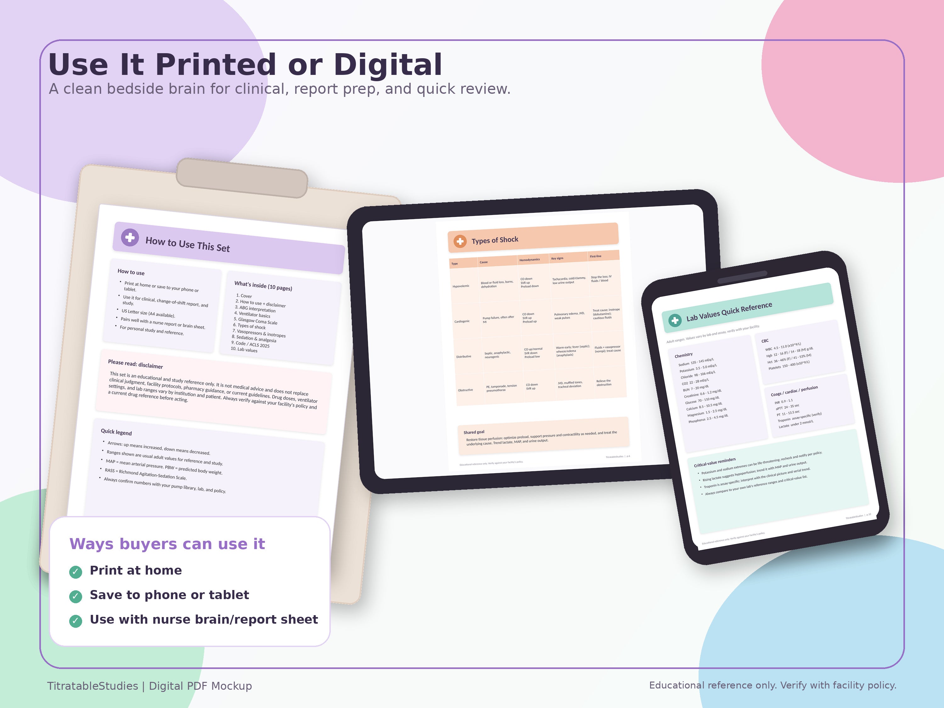 Critical care study set shown printed and on tablet